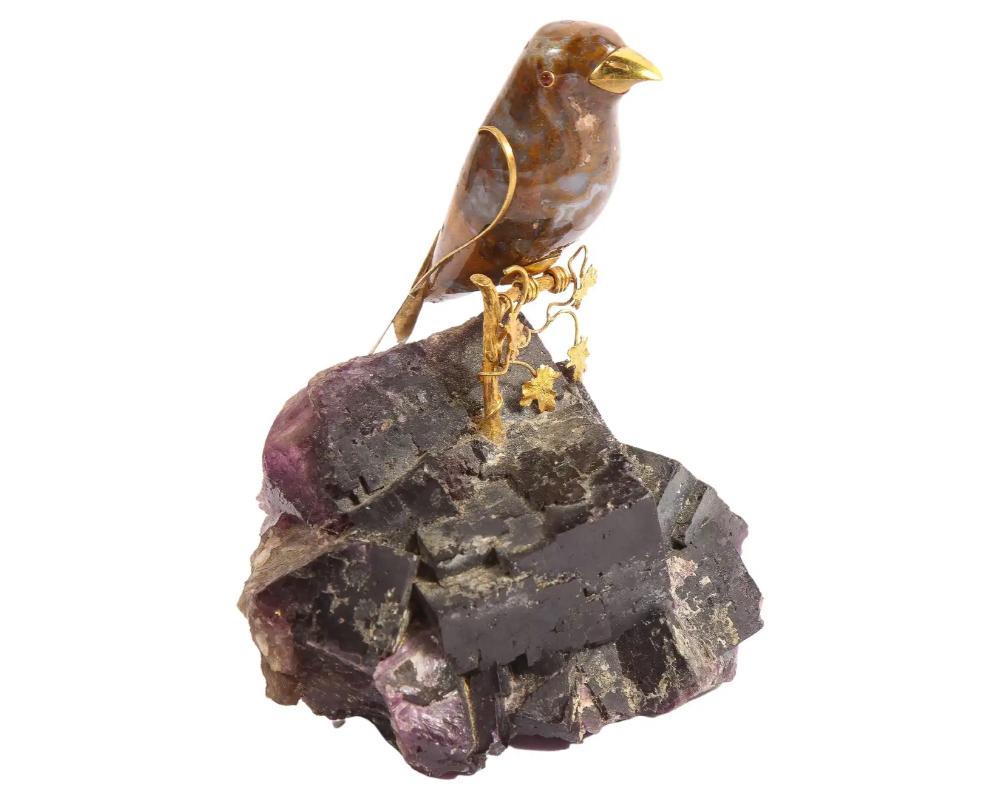 14K Gold Mounted Obsidian Bird on Dog's Tooth Stone, Mounted on Black Glass For Sale 5