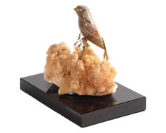 14K Gold Mounted Obsidian Bird on Dog's Tooth Stone, Mounted on Black Glass