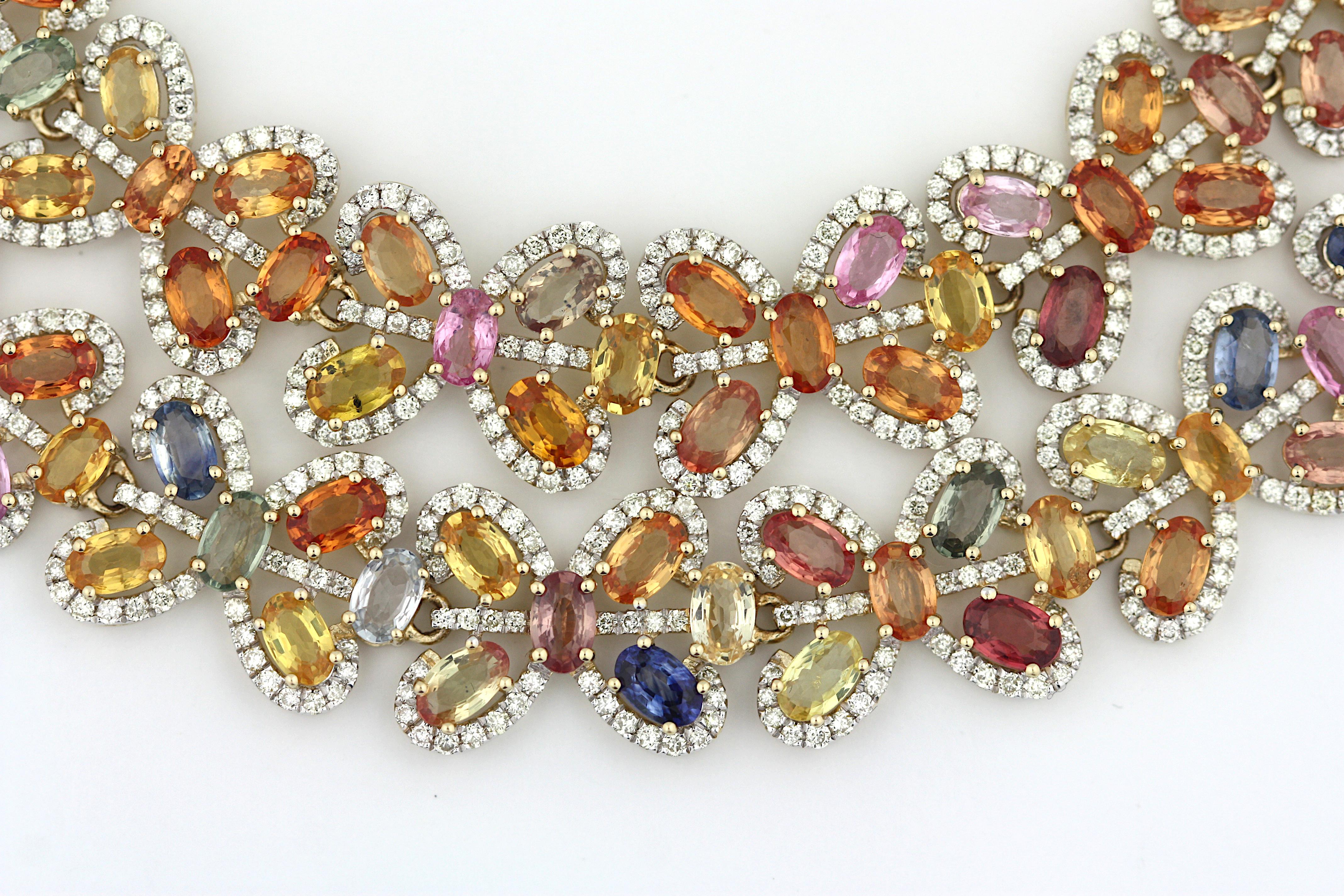 Round Cut 14K Gold Multi-Color Sapphire and Diamond Necklace