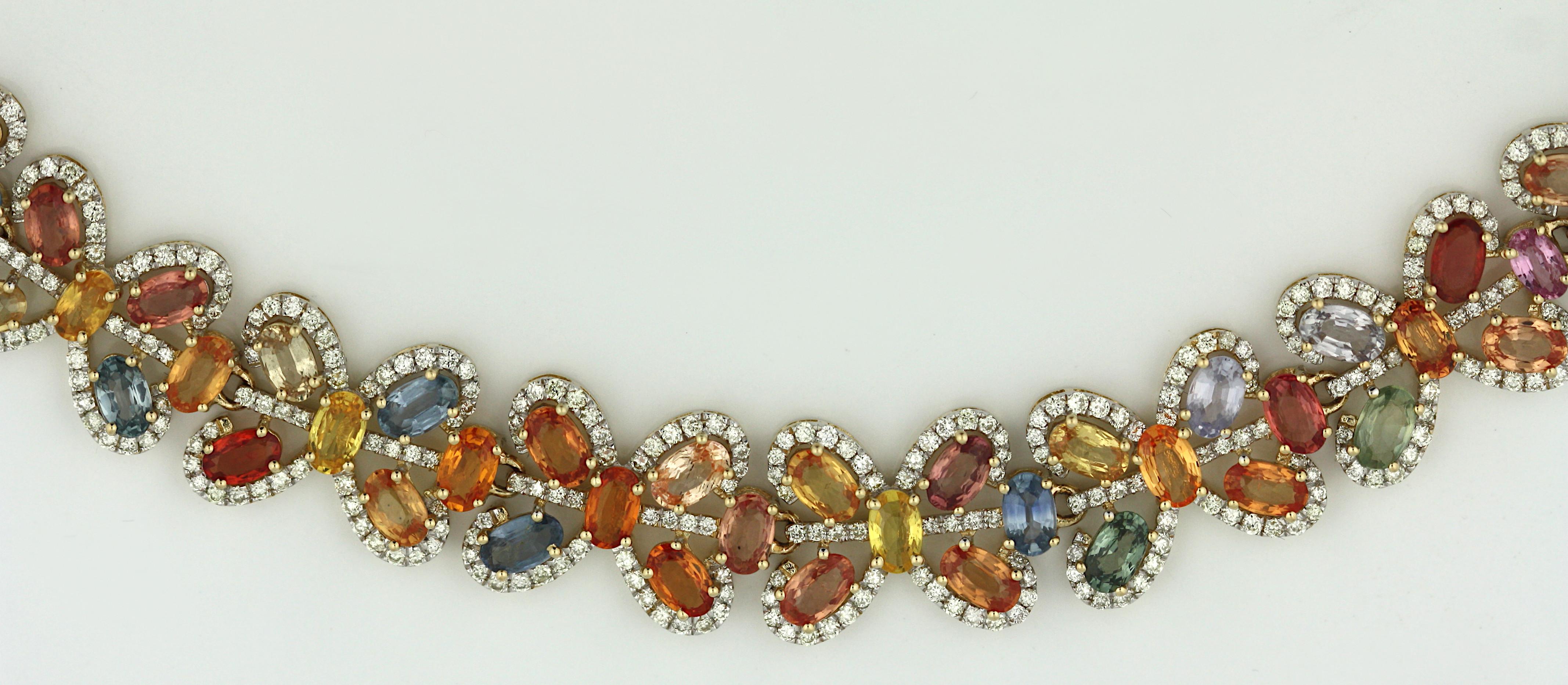 Women's or Men's 14K Gold Multi-Color Sapphire and Diamond Necklace