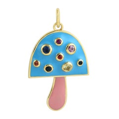 14K Gold Multi-Color Sapphire Enamel Mushroom Pendant