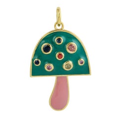 14K Gold Multi-Color Sapphire Enamel Mushroom Pendant