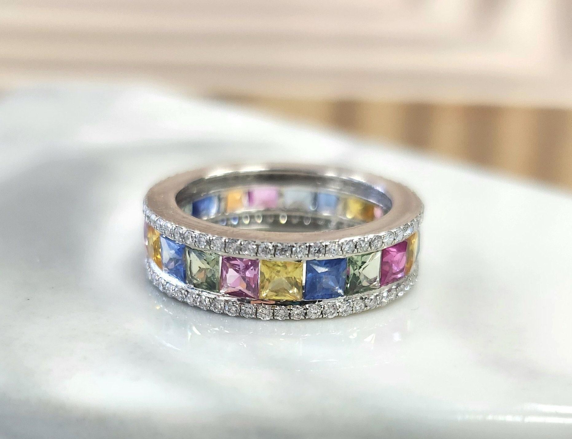 Women's 14K Gold Multi-Color Sapphire Princess Cut and Diamond  Eternity Ring Band For Sale
