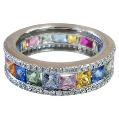 14K Gold Multi-Color Sapphire Princess Cut and Diamond  Eternity Ring Band