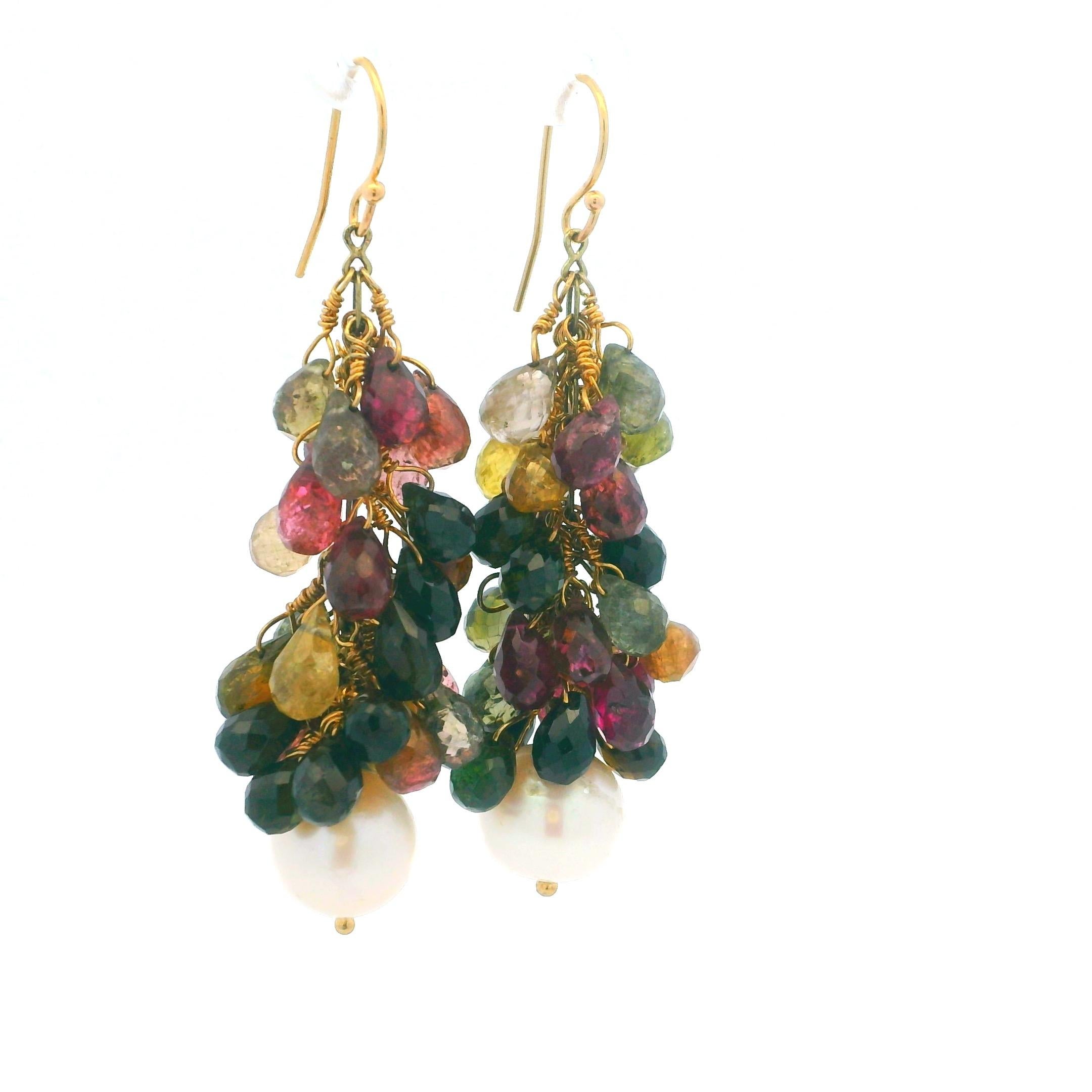 14K Gold Multi-Color Turmalin Kaskaden-Ohrringe mit Süßwasserperlen im Angebot 4