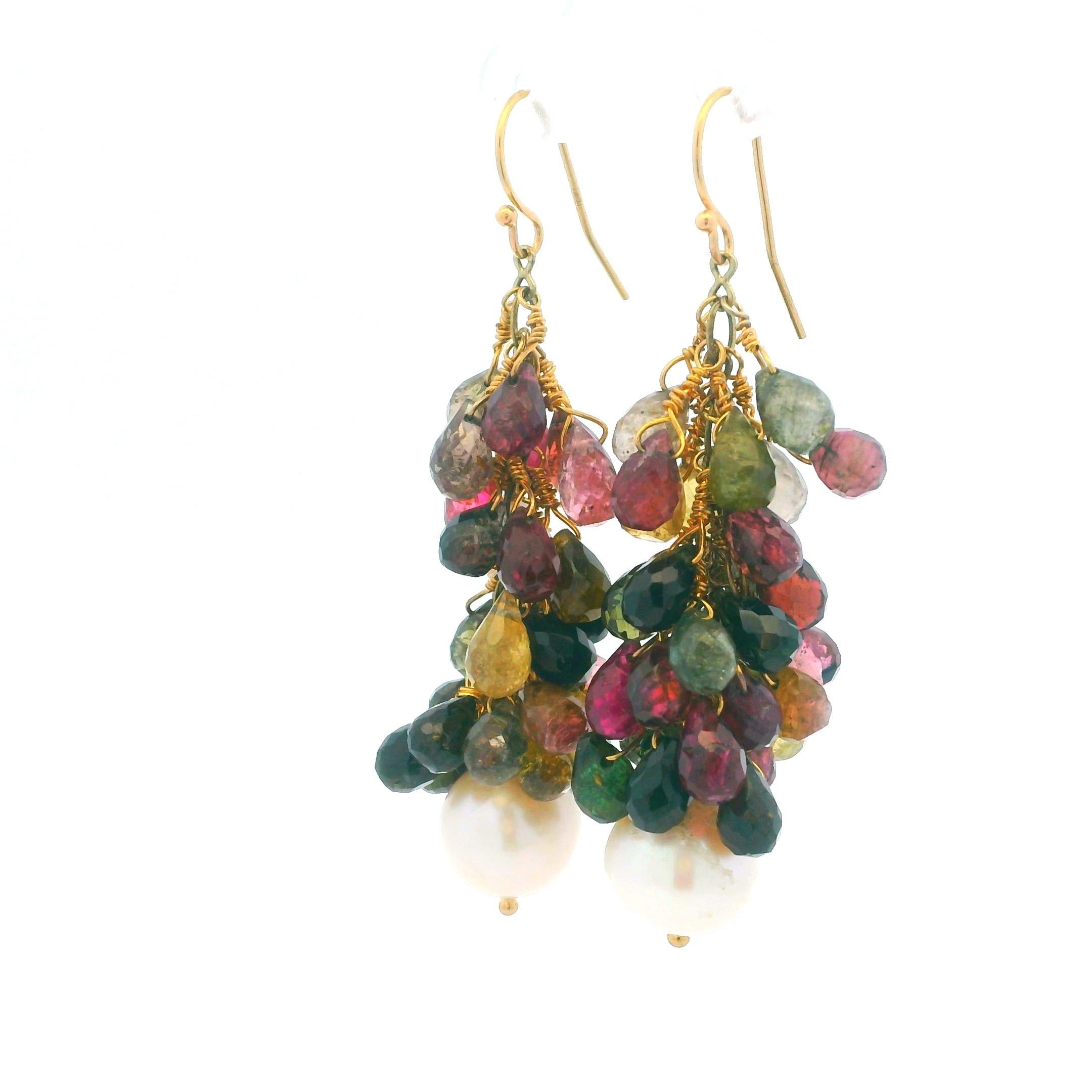 14K Gold Multi-Color Turmalin Kaskaden-Ohrringe mit Süßwasserperlen im Angebot 3
