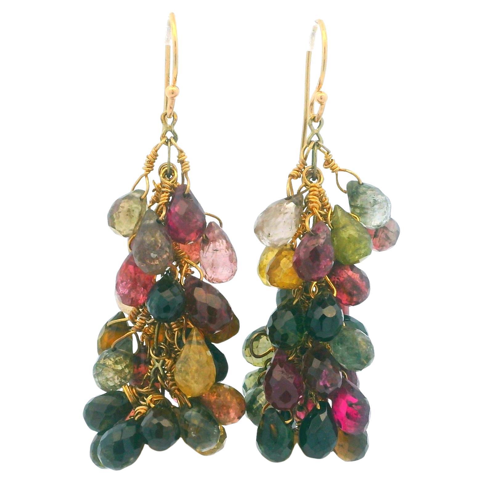 Boucles d
oreilles en or 14K avec tourmaline multicolore en cascade et perles d
eau douce