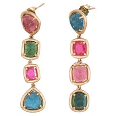 14K Gold Multi Color Tourmaline Linear earrings "Coppelia"  One of a Kind