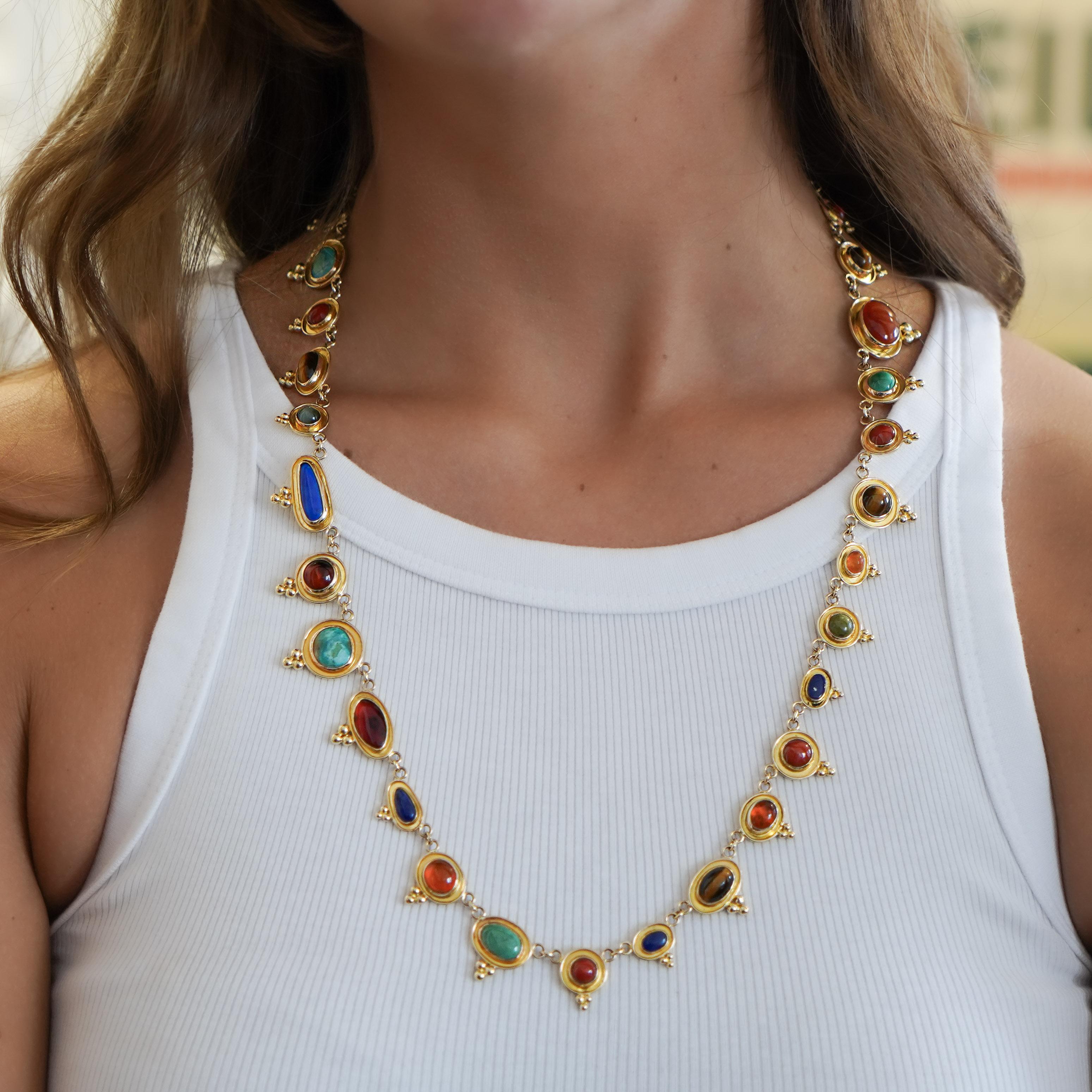 14K Gold Multi-Gemstone 24 Inch Necklace Cats-Eye For Sale 5