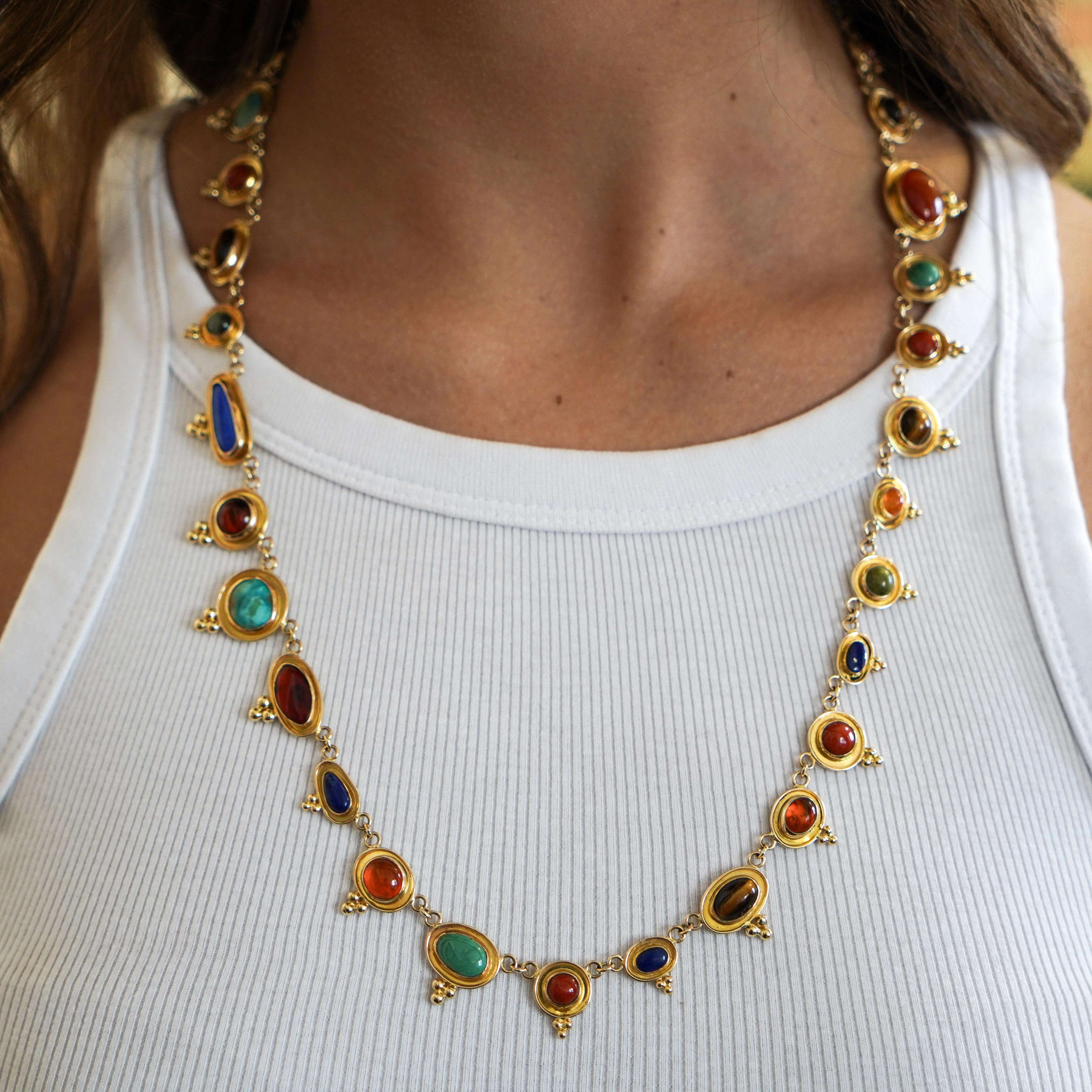 Modern 14K Gold Multi-Gemstone 24 Inch Necklace Cats-Eye For Sale