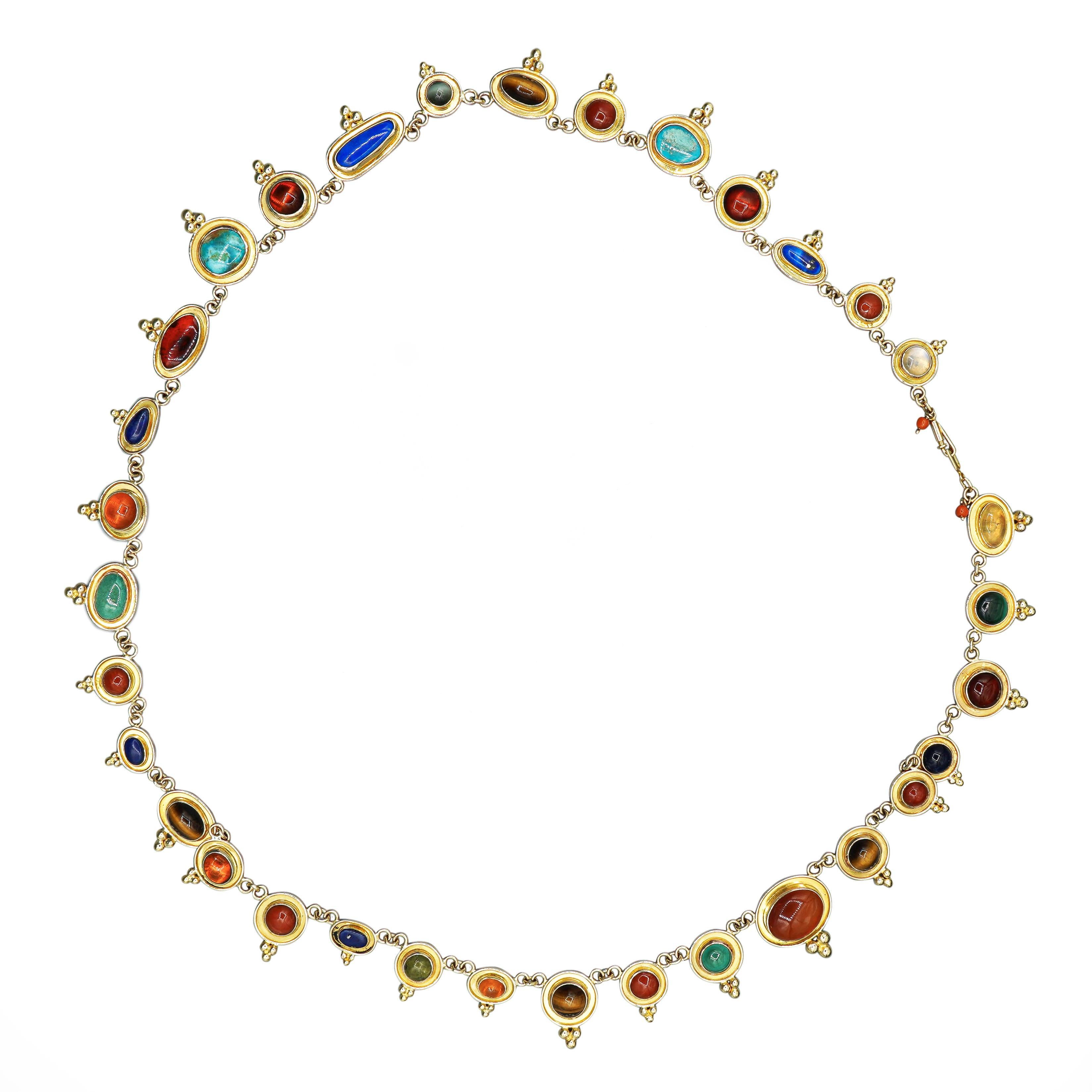 Round Cut 14K Gold Multi-Gemstone 24 Inch Necklace Cats-Eye For Sale