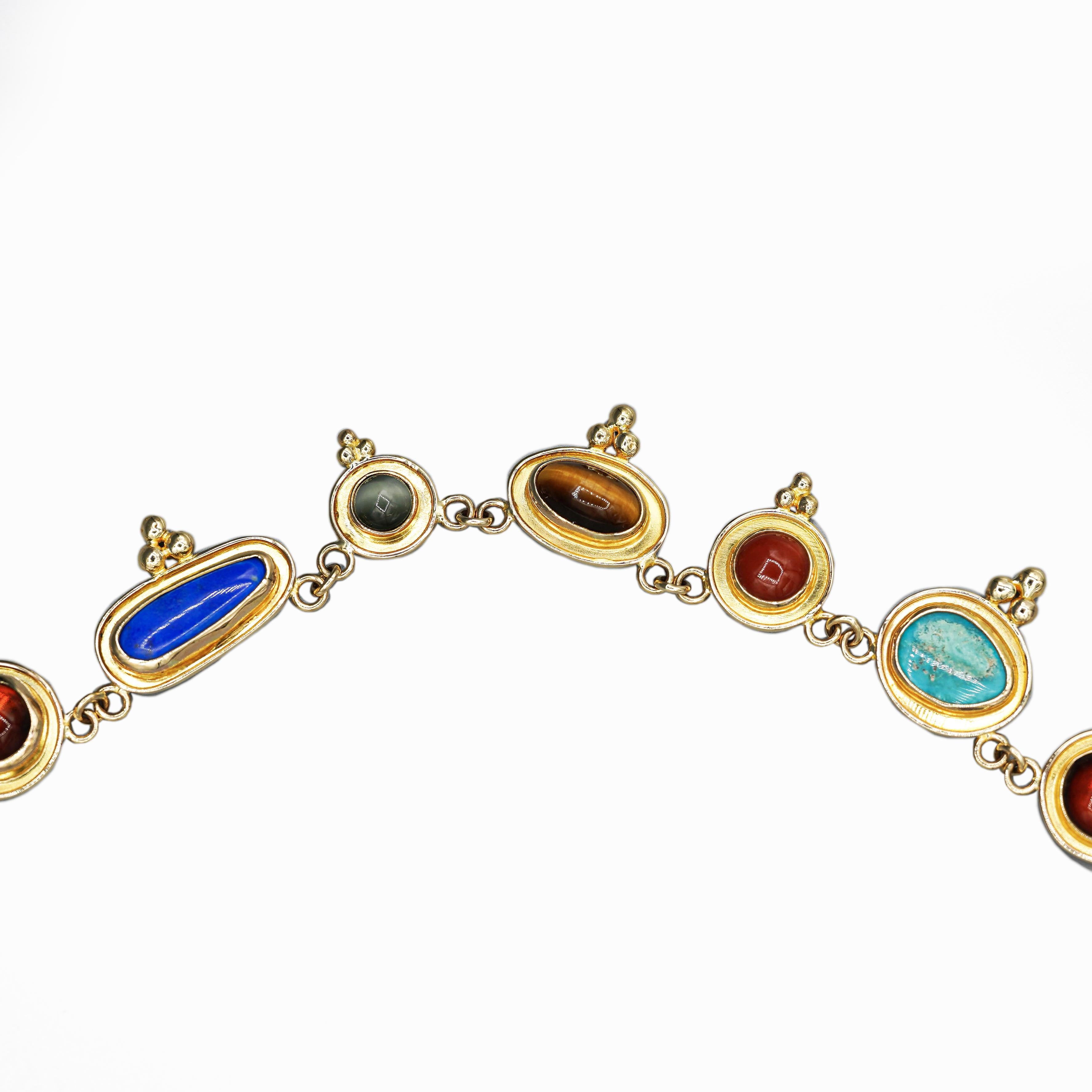 14K Gold Multi-Gemstone 24 Inch Necklace Cats-Eye In Excellent Condition For Sale In Miami, FL