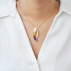 14K Gold Multi-Gemstone Rainbow Diamond Modernist Sickle Arc Pendant
