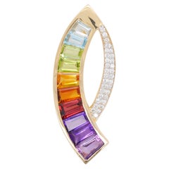14K Gold Multi-Gemstone Rainbow Diamond Modernist Sickle Arc Pendant