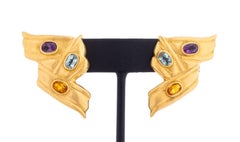14K Gold Multi-Gemstone Ribbon Motif Earrings