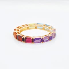 Anello Eternity a forma di ottagono da 5x3 mm in oro 14 carati con pietre preziose naturali multicolori effetto arcobaleno