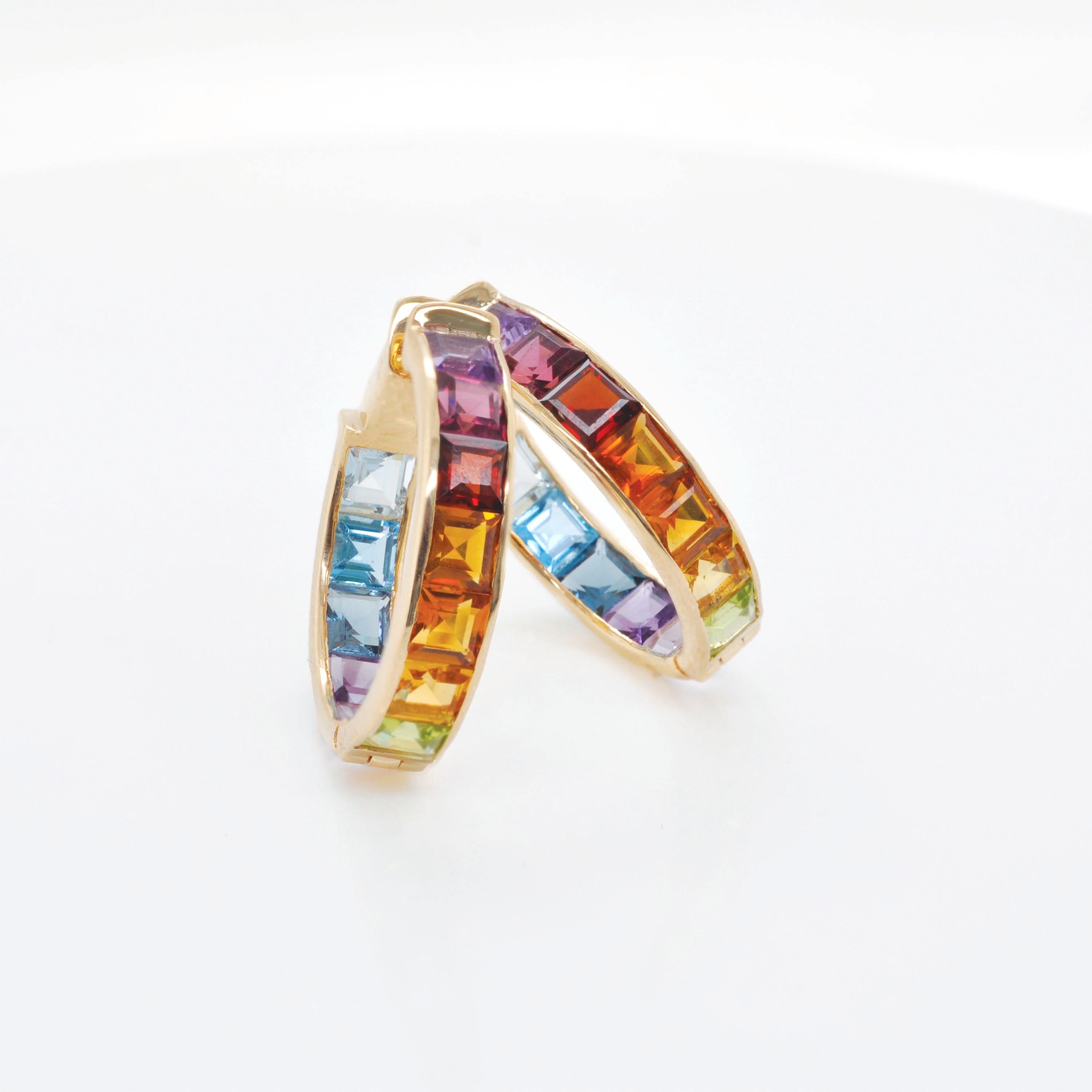 14K Gold Multicolor Rainbow 4MM Square Gemstones Channel Set Hoop Earrings For Sale 4
