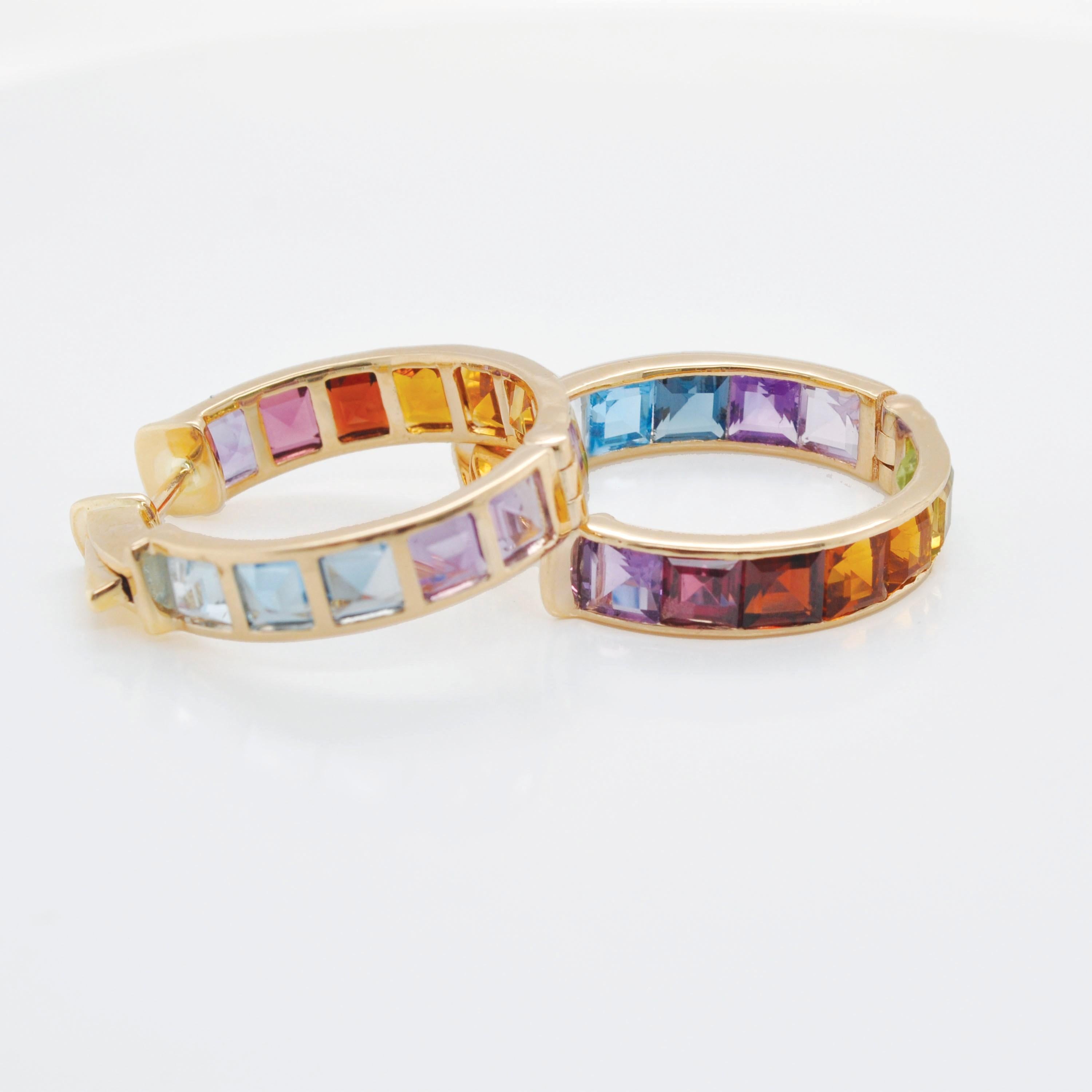 14K Gold Multicolor Rainbow 4MM Square Gemstones Channel Set Hoop Earrings For Sale 5