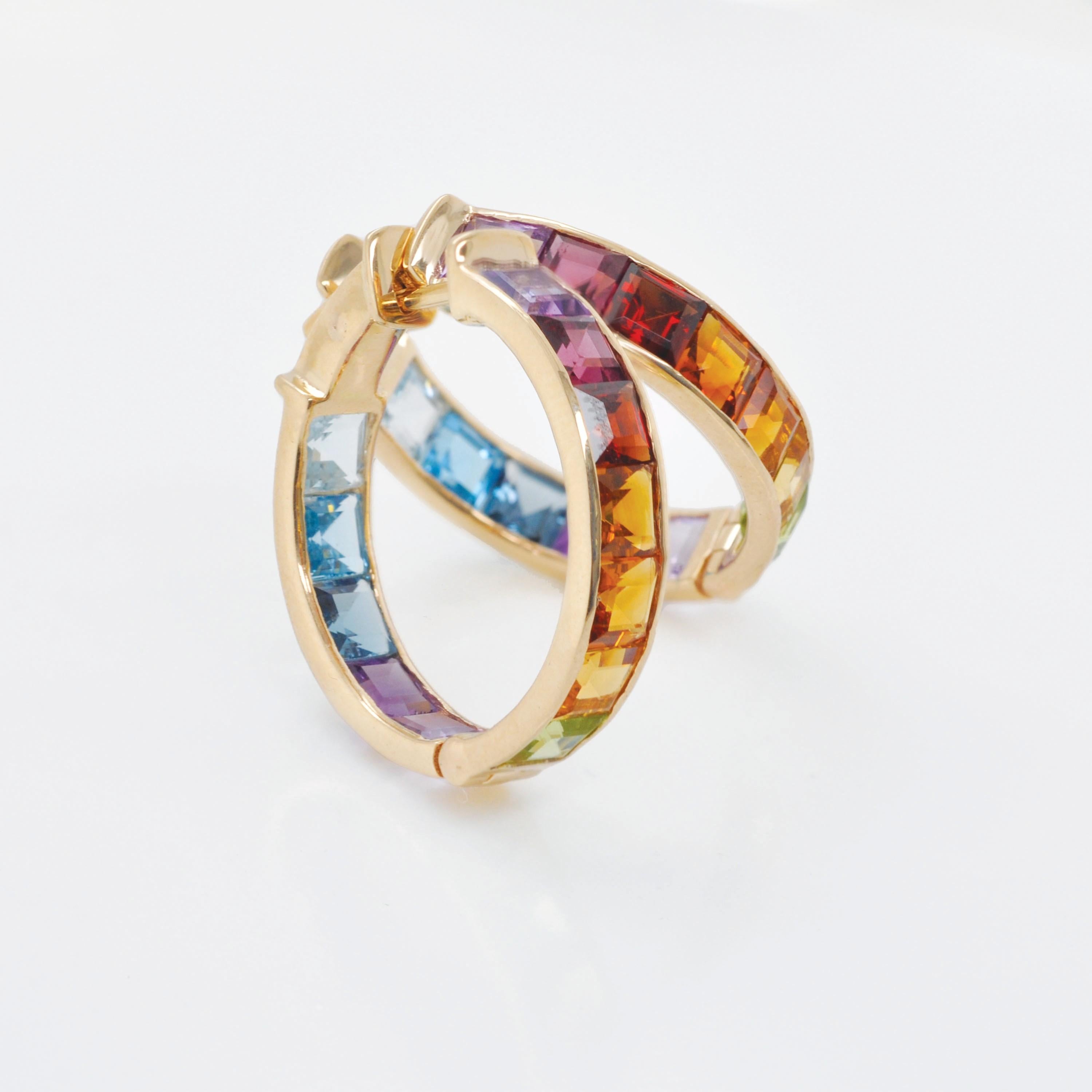 14K Gold Multicolor Rainbow 4MM Square Gemstones Channel Set Hoop Earrings For Sale 6