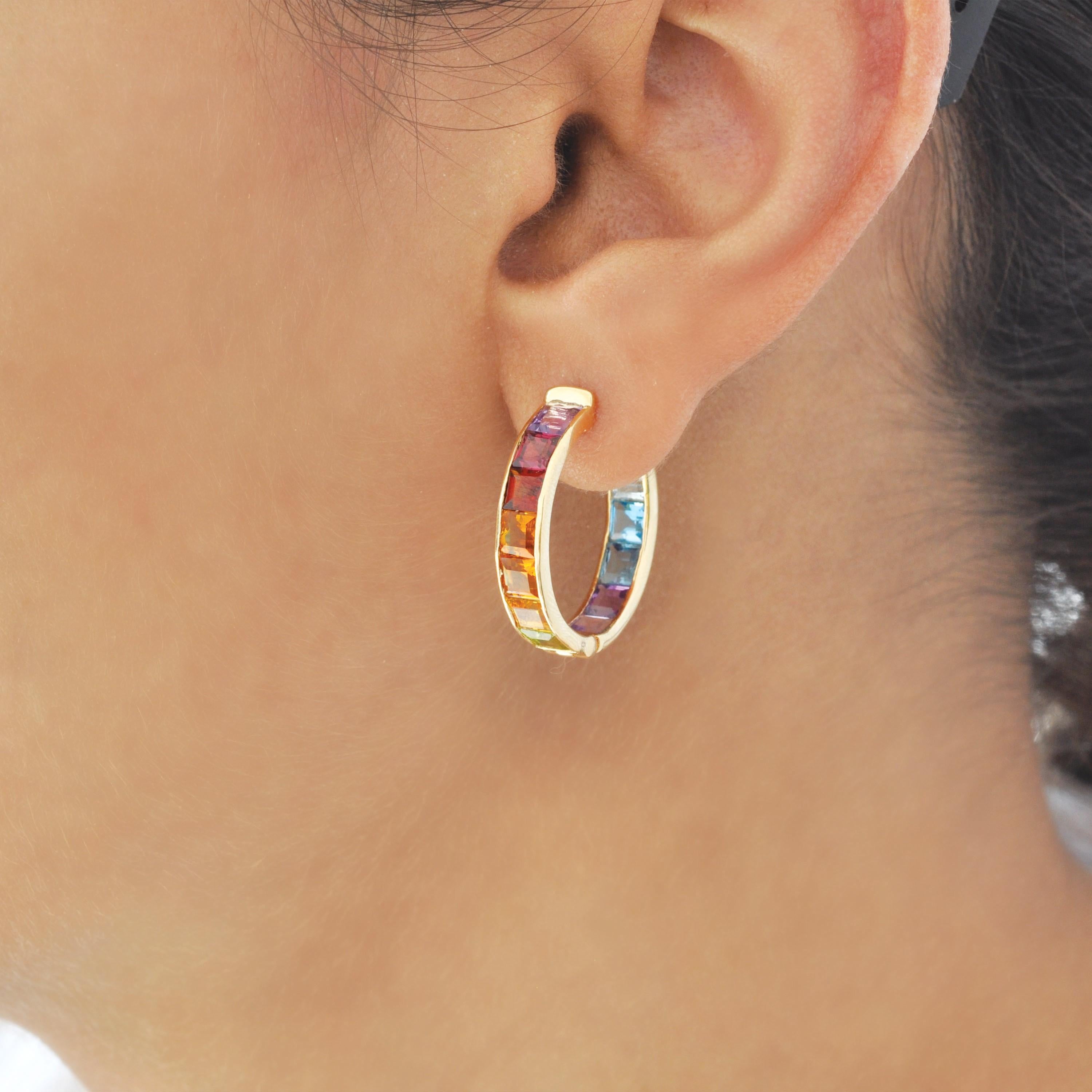 Contemporary 14K Gold Multicolor Rainbow 4MM Square Gemstones Channel Set Hoop Earrings For Sale