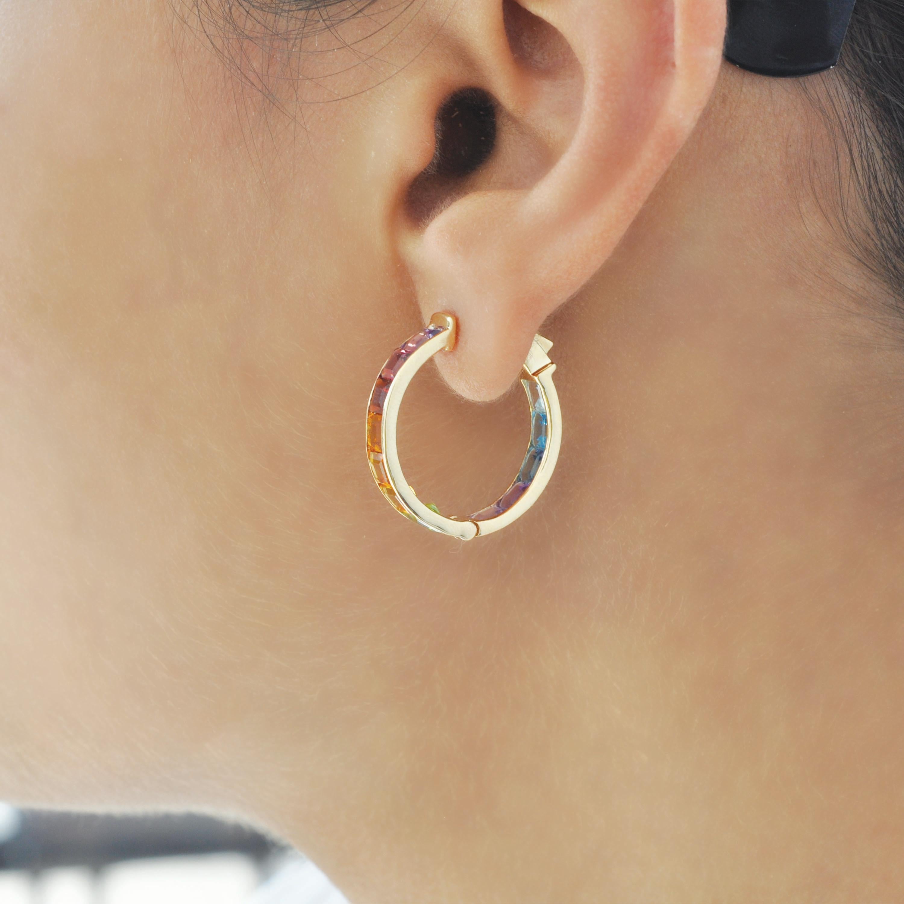 Square Cut 14K Gold Multicolor Rainbow 4MM Square Gemstones Channel Set Hoop Earrings For Sale