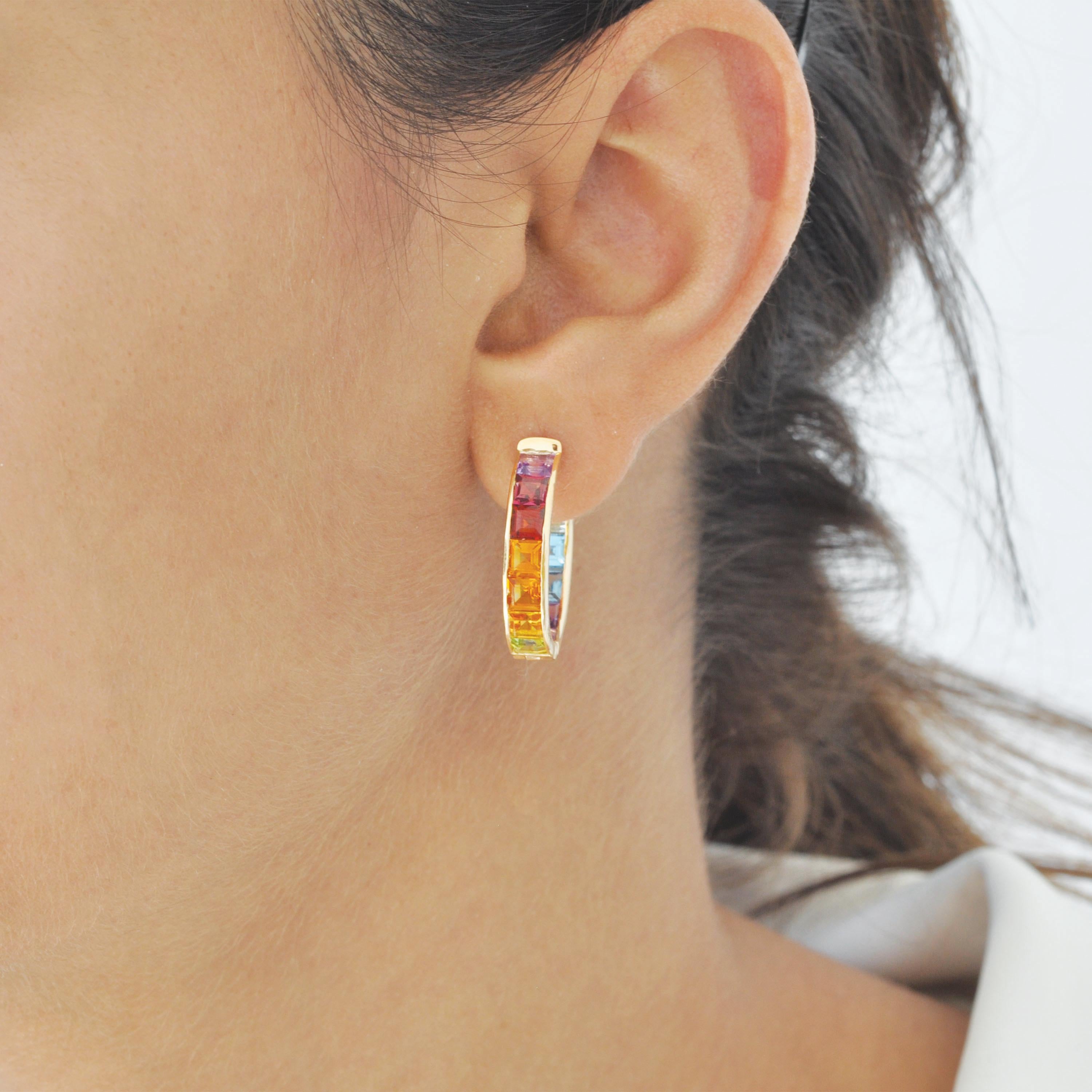 14K Gold Multicolor Rainbow 4MM Square Gemstones Channel Set Hoop Earrings For Sale 8