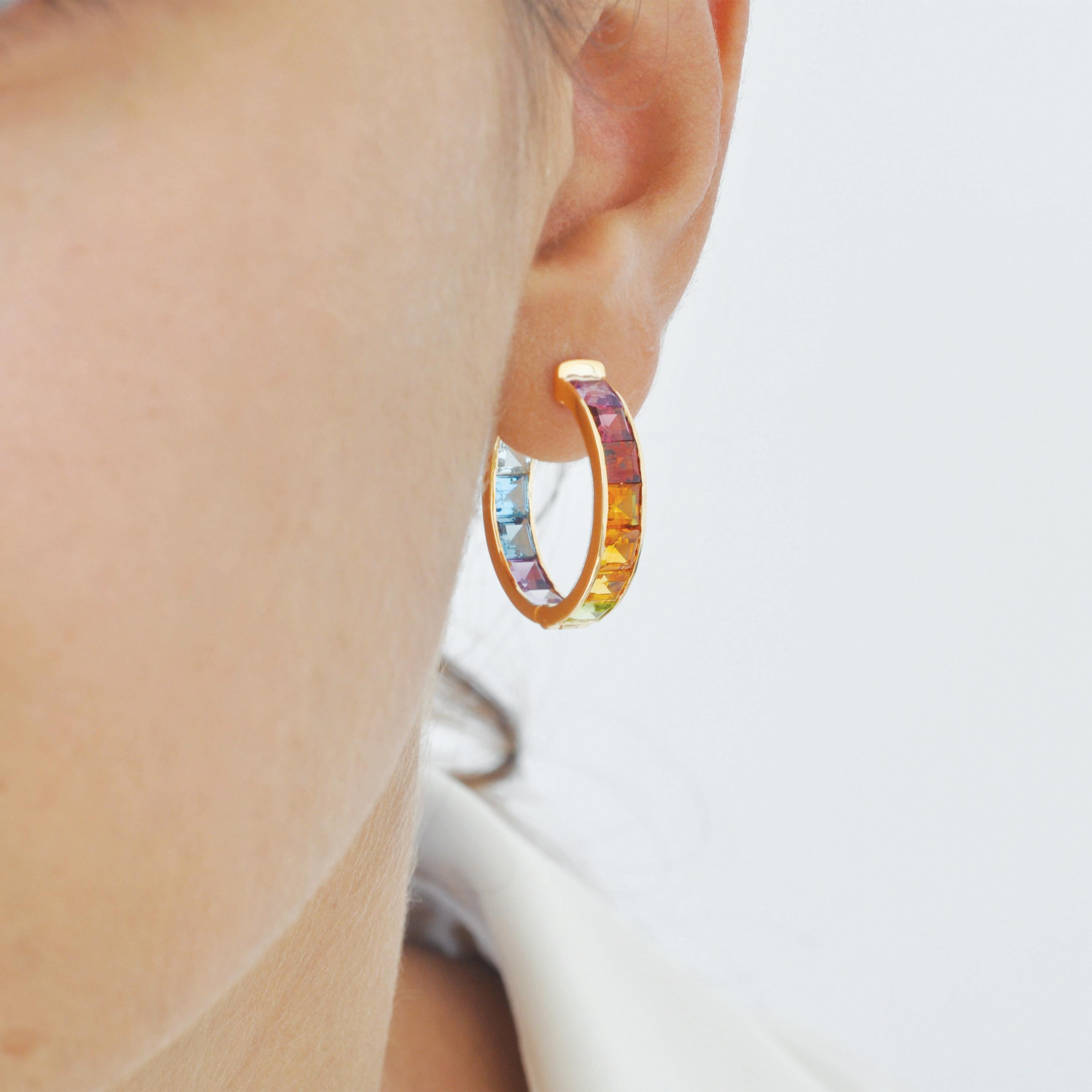 14K Gold Multicolor Rainbow 4MM Square Gemstones Channel Set Hoop Earrings In New Condition For Sale In Jaipur, Rajasthan