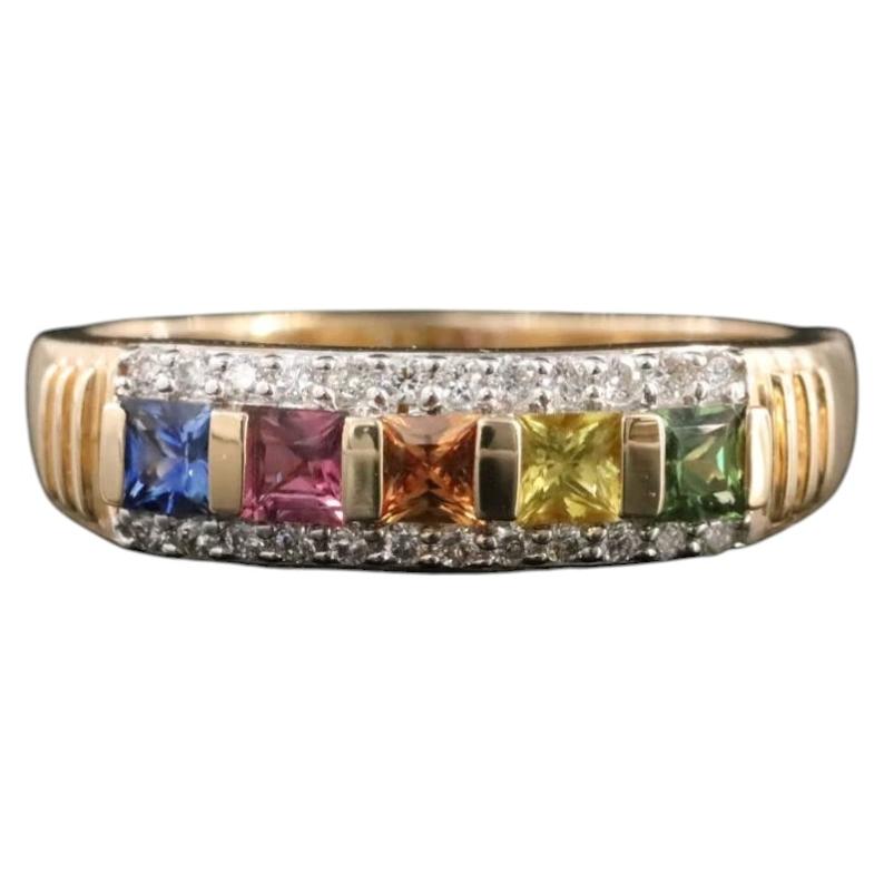 14K Gold Multicolored Sapphire and Diamond Band Ring