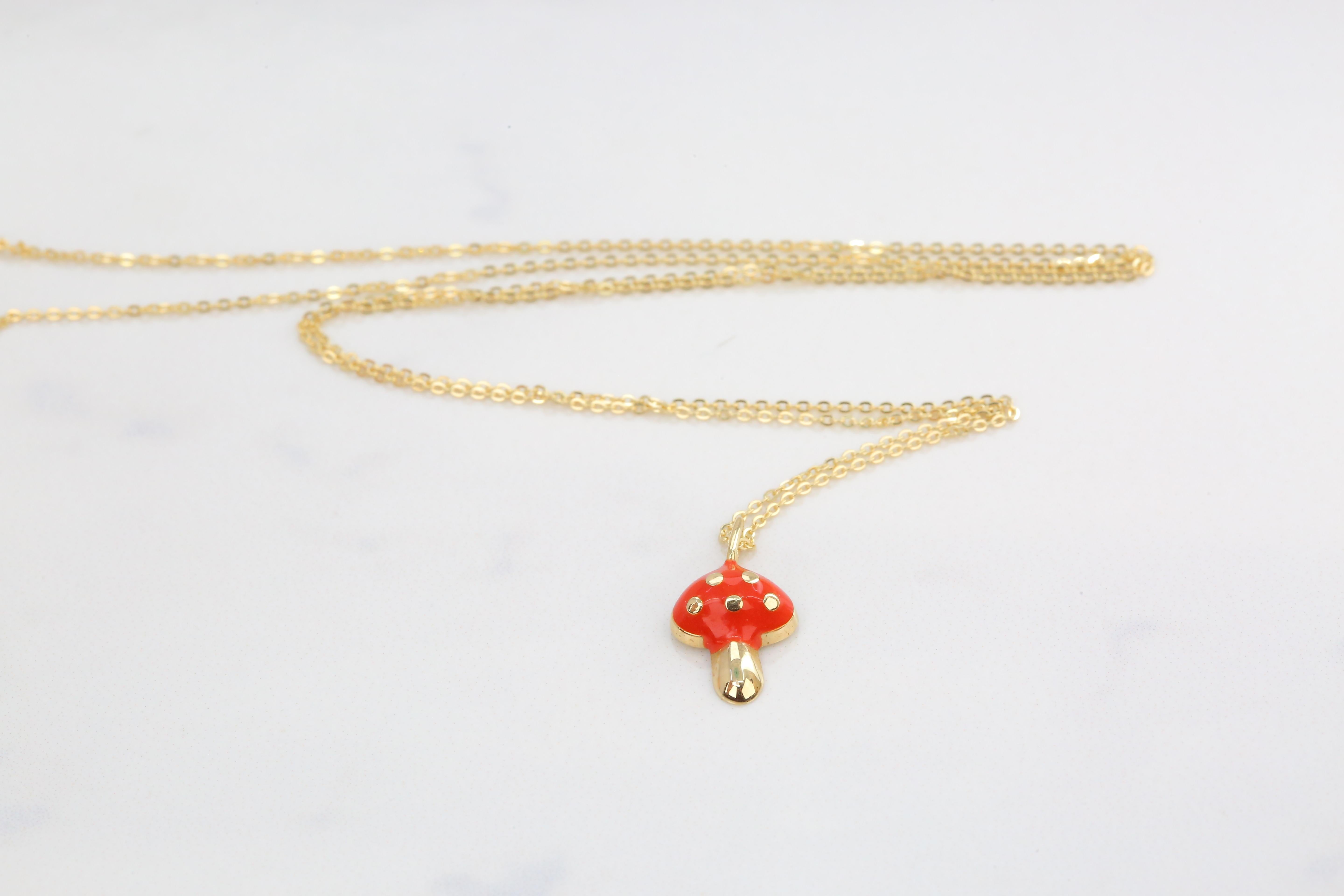 Modern 14K Gold Mushroom Necklace, Enamel Fruit Necklace For Sale