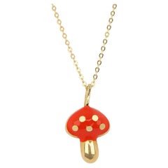 14K Gold Mushroom Necklace, Enamel Fruit Necklace