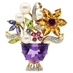 Spilla bouquet di fiori in oro 14K con pietre miste