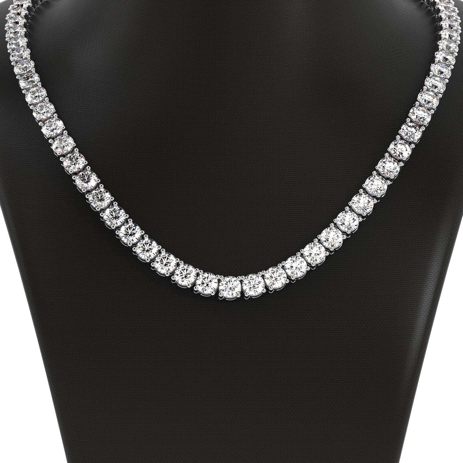 Round Cut 14K Gold Natural 23.05 Carat Diamond Tennis Necklace in 14k Gold For Sale