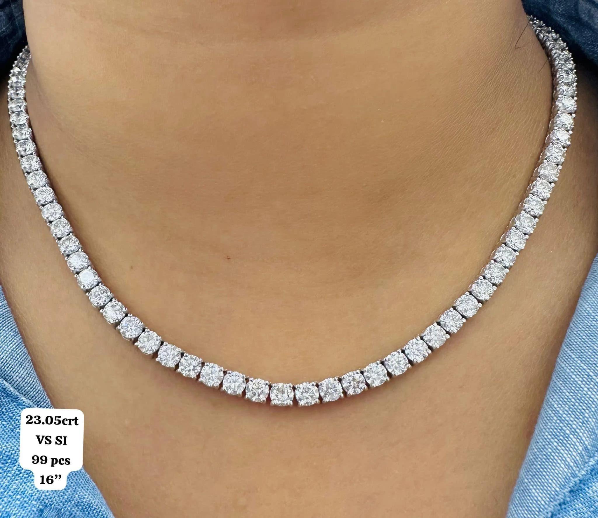 14K Gold Natural 23.05 Carat Diamond Tennis Necklace in 14k Gold In New Condition For Sale In Jersey City, NJ