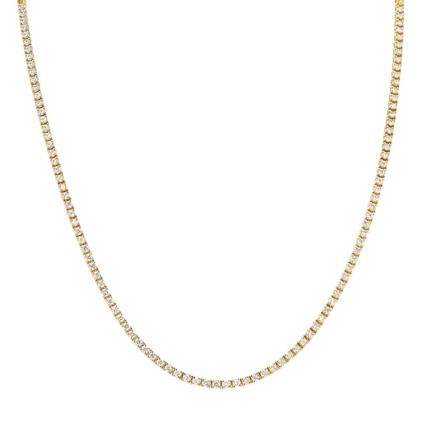 Round Cut 14K Gold Natural 3 Carat Diamond Tennis Necklace For Sale