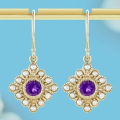 14K Gold Natural Amethyst and Pearl Vintage Style Drop Earrings
