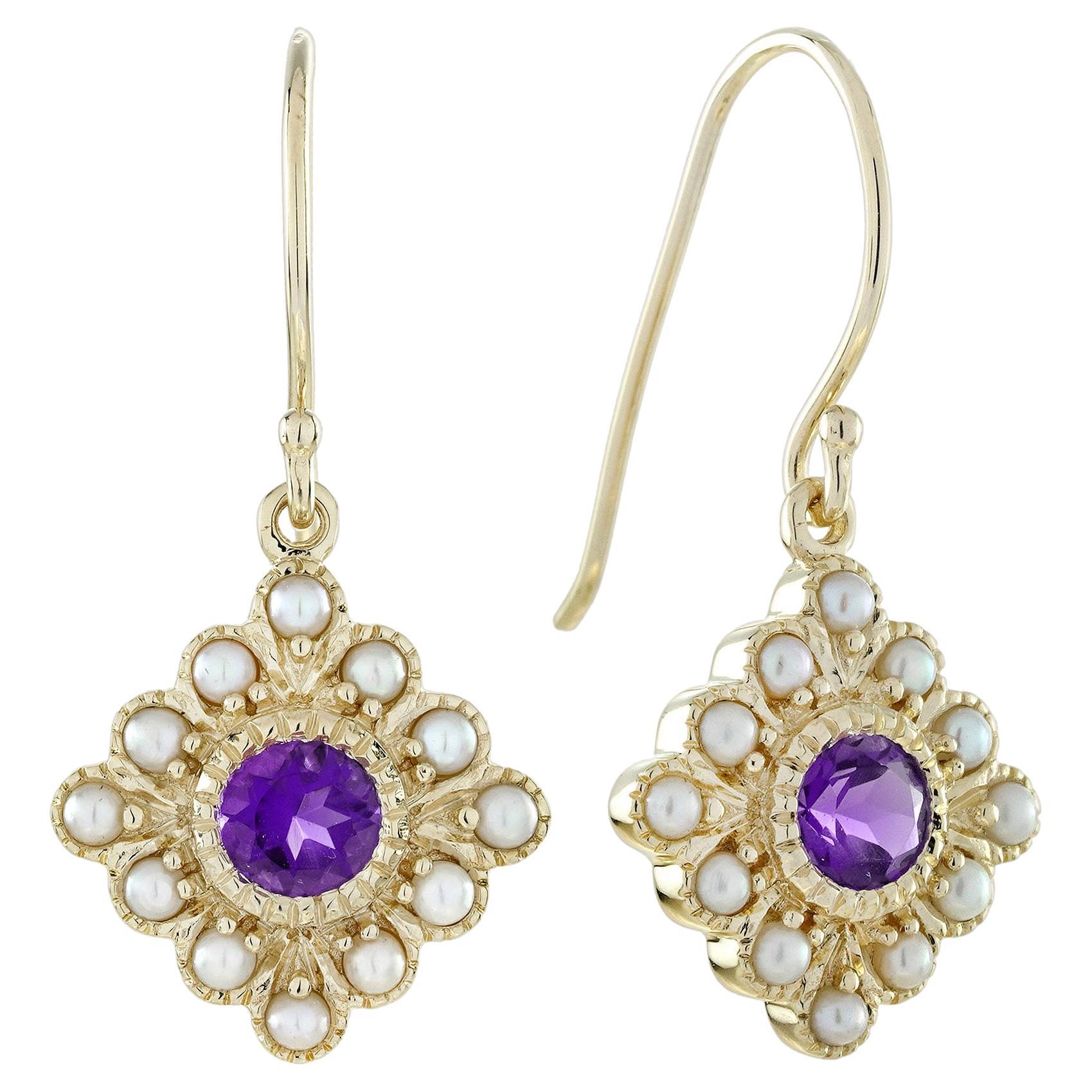 14K Gold Natural Amethyst and Pearl Vintage Style Drop Earrings