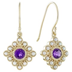 14K Gold Natural Amethyst and Pearl Vintage Style Drop Earrings
