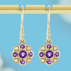 14K Gold Natural Amethyst and Pearl Vintage Style Floral Drop Earrings