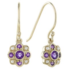 14K Gold Natural Amethyst and Pearl Vintage Style Floral Drop Earrings