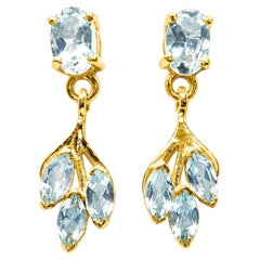14K Gold Natural Aquamarine Drop Earrings 1.50 Ct Oval Aquamarine Dangle Earring