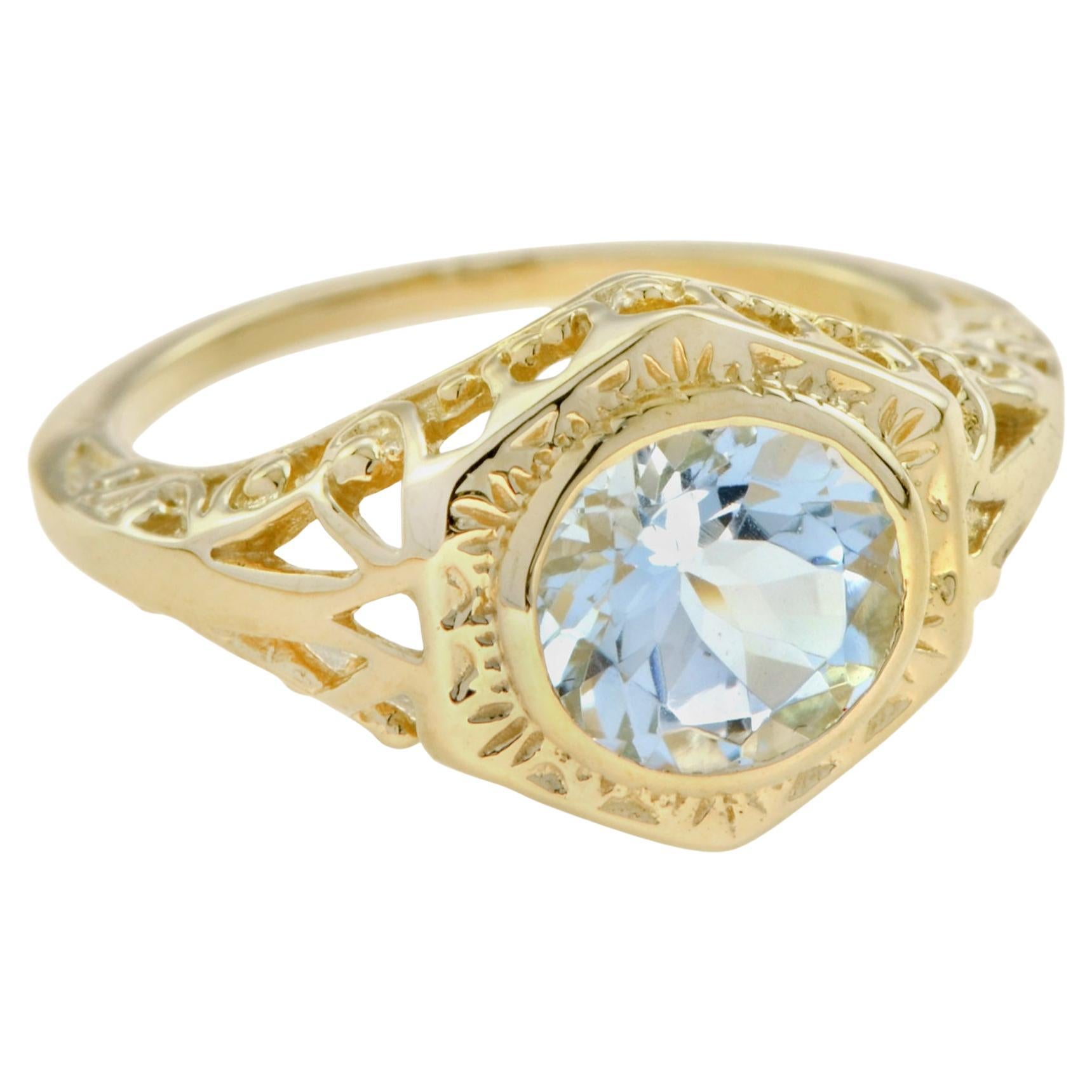 14K Gold Natürlicher Aquamarin Vintage Style Filigraner Verlobungsring im Angebot