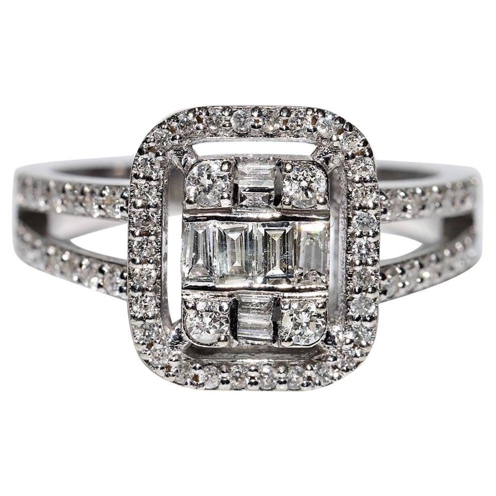 Bague en or 14K ornée de diamants naturels de taille baguette et brillants