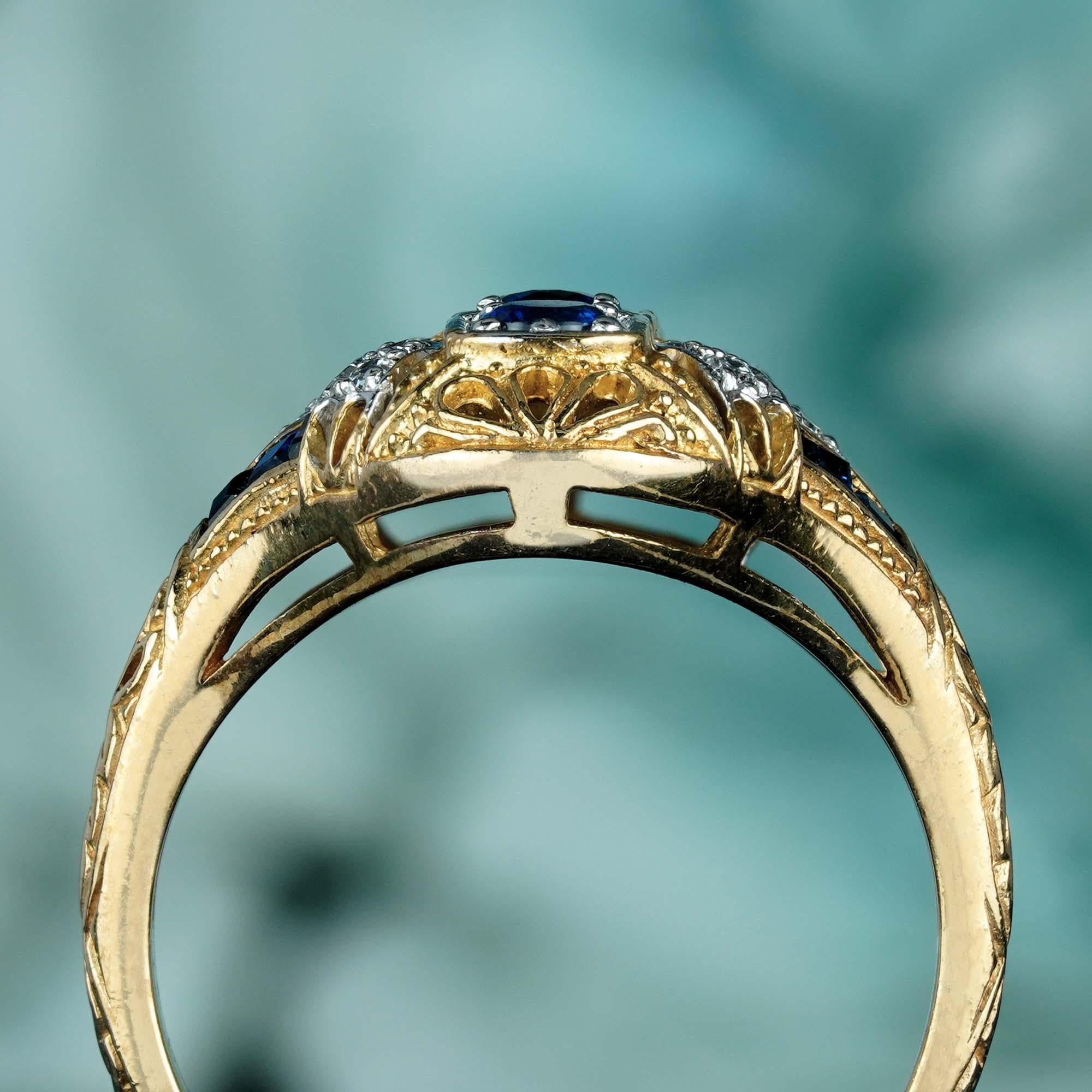 14K Gold Natural Blue Sapphire and Diamond Art Deco Style Three Stones Ring In New Condition For Sale In Bangkok, TH