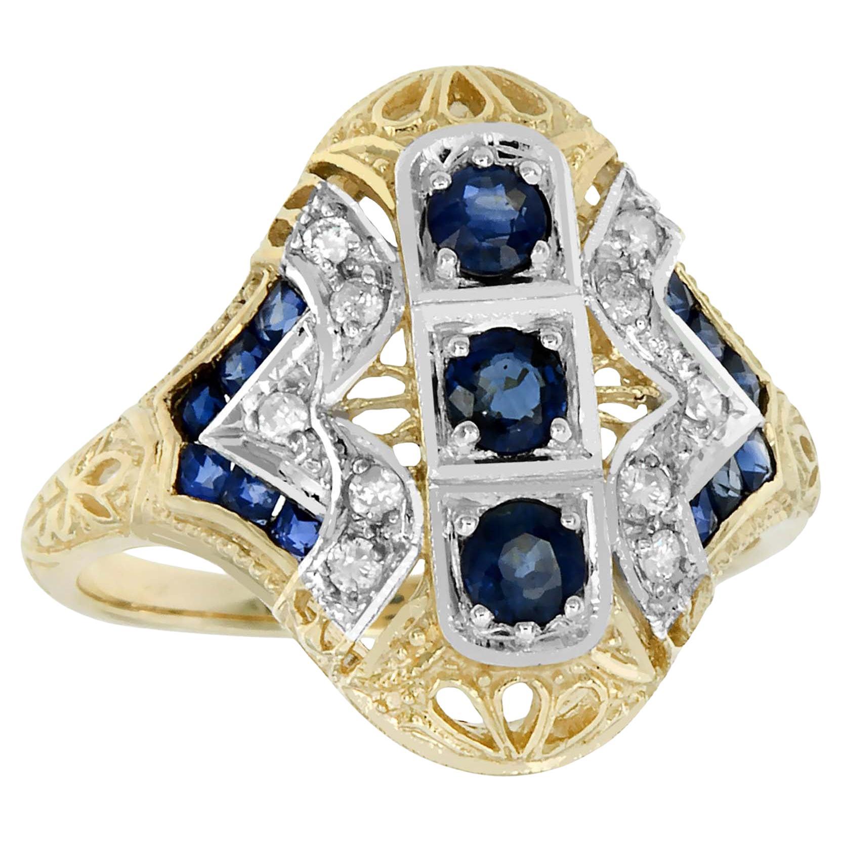 14K Gold Natural Blue Sapphire and Diamond Art Deco Style Three Stones Ring