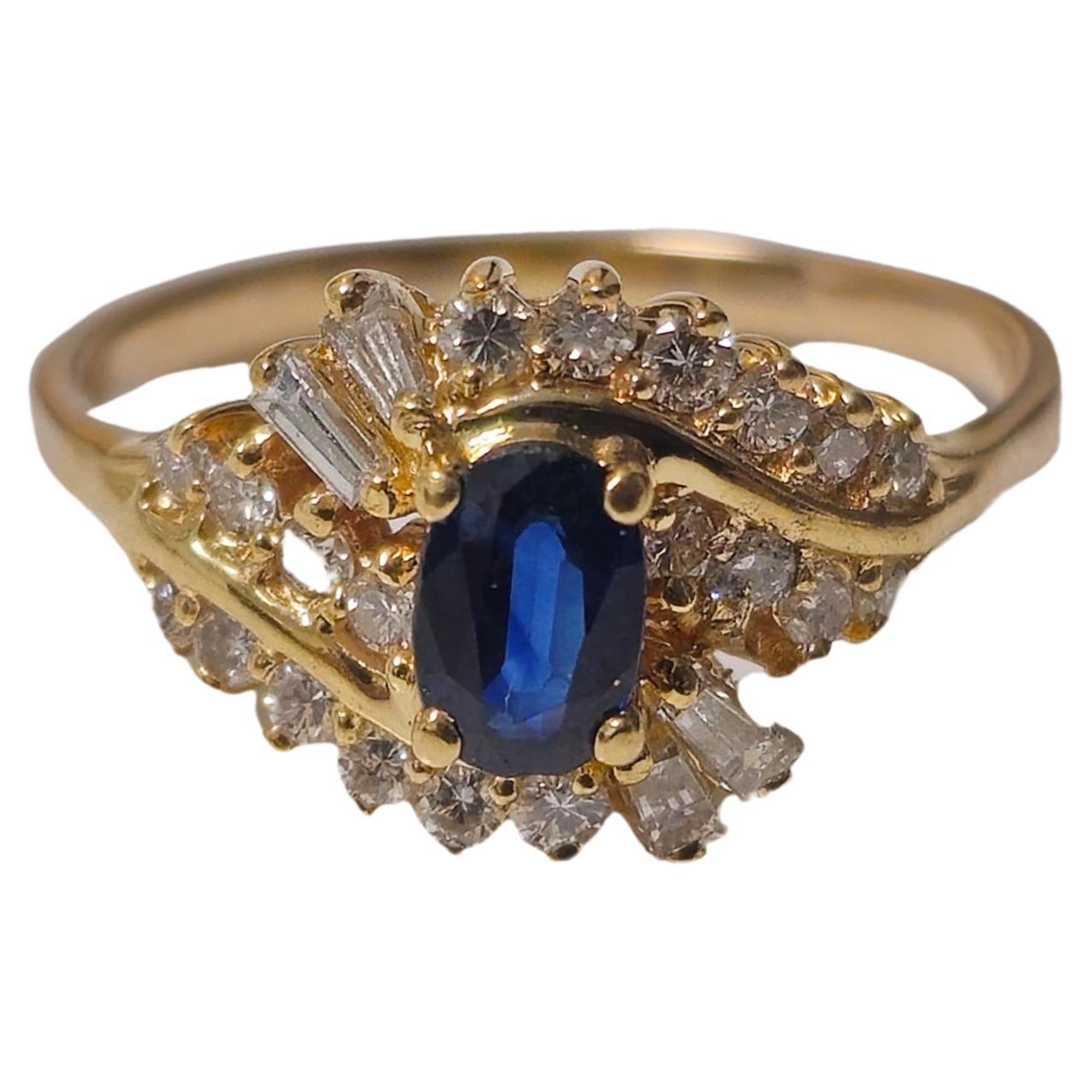 Anello con zaffiro blu naturale e diamante in oro 14k