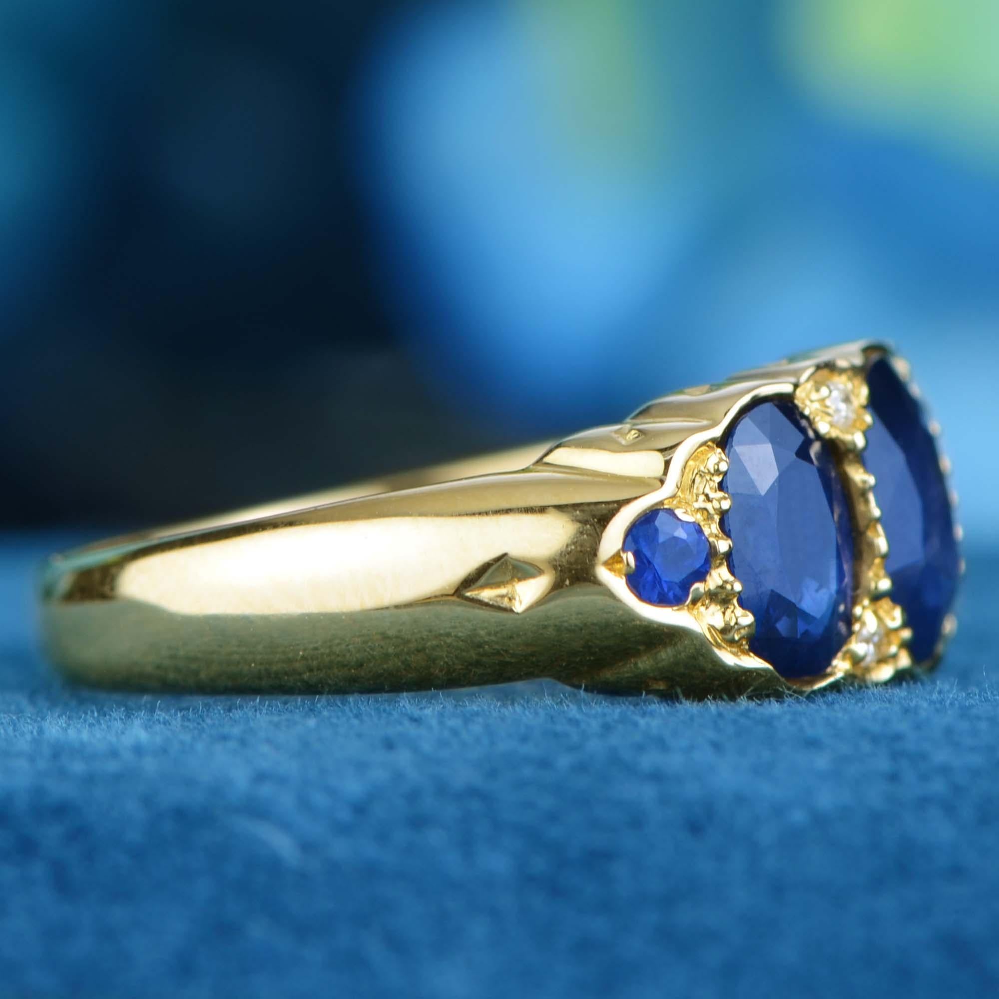 Oval Cut 14K Gold Natural Blue Sapphire and Diamond Vintage Style Three Stones Ring For Sale