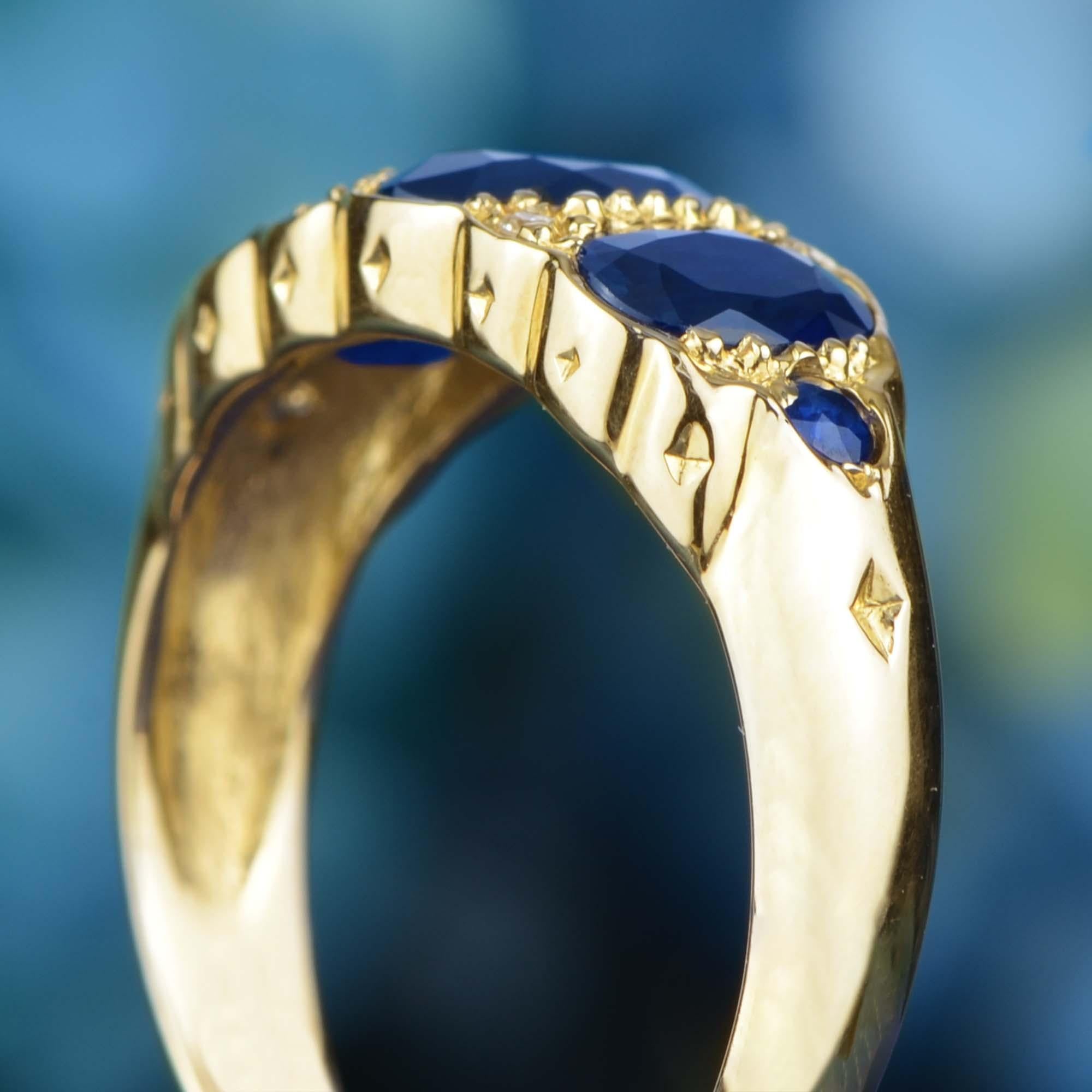 Women's 14K Gold Natural Blue Sapphire and Diamond Vintage Style Three Stones Ring For Sale