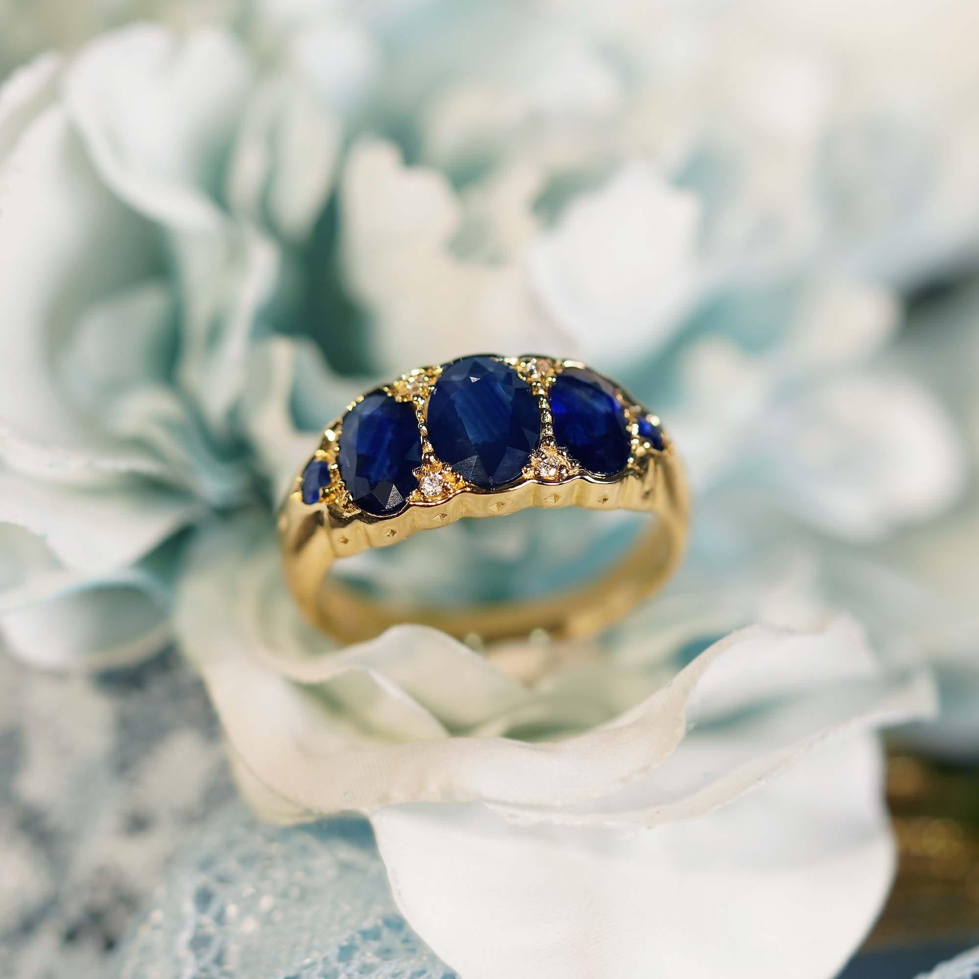 14K Gold Natural Blue Sapphire and Diamond Vintage Style Three Stones Ring For Sale 1