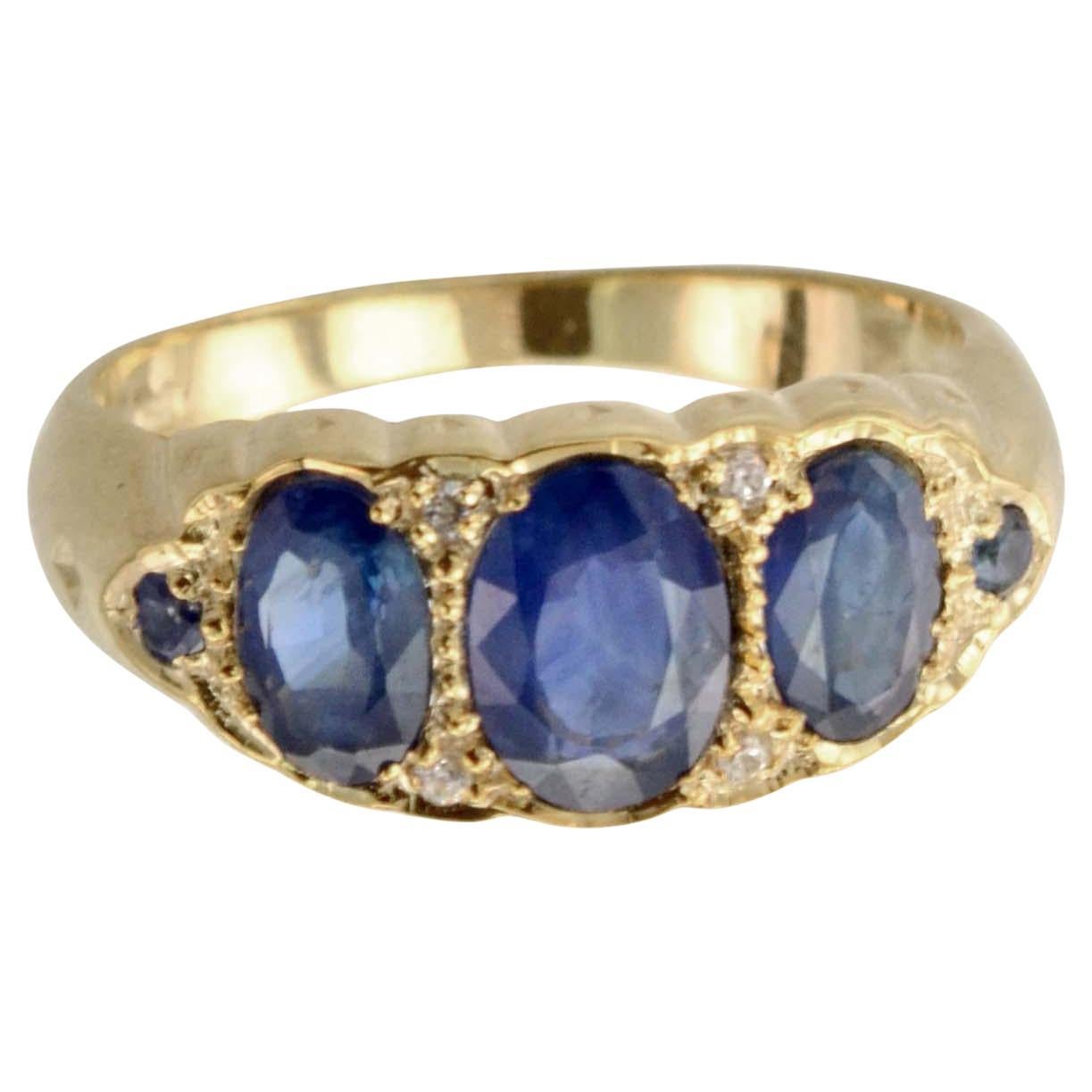 14K Gold Natural Blue Sapphire and Diamond Vintage Style Three Stones Ring For Sale
