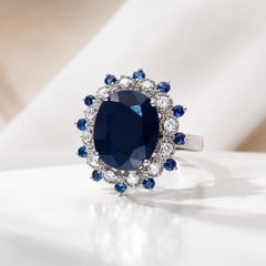 Oro 14 carati, zaffiro blu naturale, diamanti, anello cocktail, 5,40 carati, Laurenti